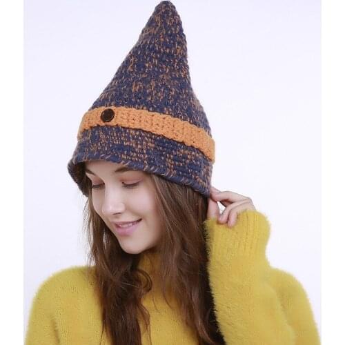 Mingjiebihuo New small pointed button wool hat ladies autumn and winter handmade knit hat point witch hat women girls