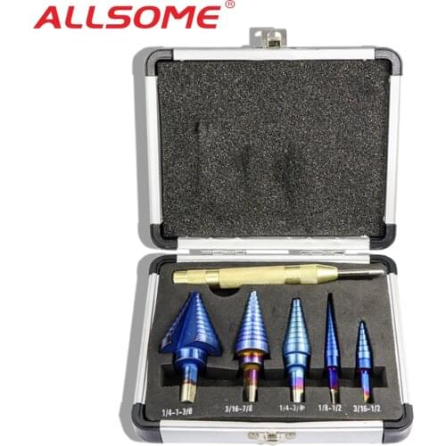 ALLSOME 6Pcs HSS Nano Blue Coated Step Drill Bit With Center Punch Set Hole Cutter Drilling Tool HT2887
