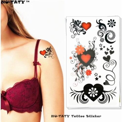 Nu-TATY Black Red Heart Temporary Tattoo Body Art Arm Flash Tattoo Stickers 17*10cm Waterproof Fake Henna Painless Tatto Sticker