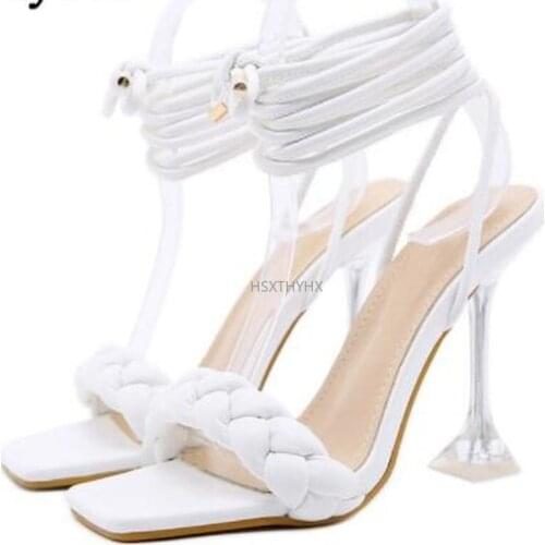 2021 New Summer Fashion Design Weave Women Sandals Transparent Strange High Heels Ladies Sandals Open Toe Shoes High Heels