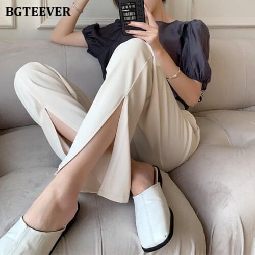 BGTEEVER New Summer Split Straight Pants for Women 2021 Elastic Waist Loose Female Floor-Length Pants Casual Ladies Trousers