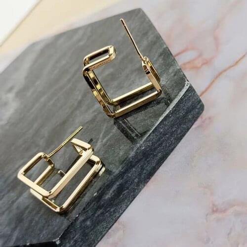 French New Gold Silver Color Double Geometry Square Stud Earrings Fashion Women Travel Leisure Sports Jewelry Anniversary Gift