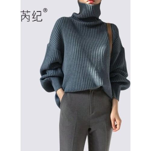 High neck sweater womens autumn 2021 new womens simple Pullover loose sweater top