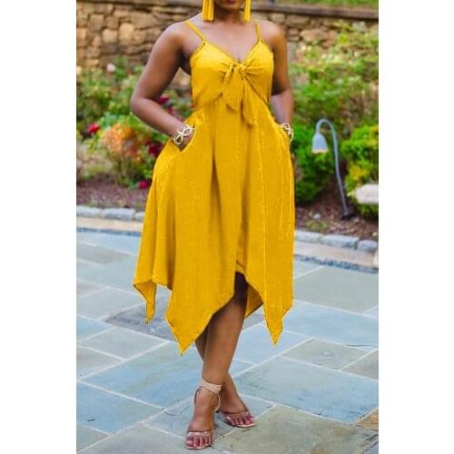 4XL 5XL Plus Size Party Dress Women 2021 Summer Bow Tie V Neck Sleevelss Backless Sexy Slip Dress Pockets Irregular Long Dresses