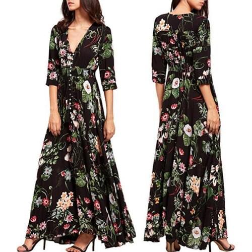 50% Hot Sales Party Beach Bohemian Women Vintage Flower Leaf Print V Neck Big Swing Maxi Dress