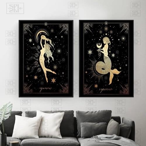 Golden Black Mystical Zodiac Canvas Painting Mermaid Print Modular Picture Star Sign Home Decor Living Room Retro Wall Poster