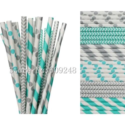 150pcs Drinking Paper Straws Mix,Aqua and Silver Striped,Polka Dot and Chevron,Winter Wonderland Ice Princess Birthday Party
