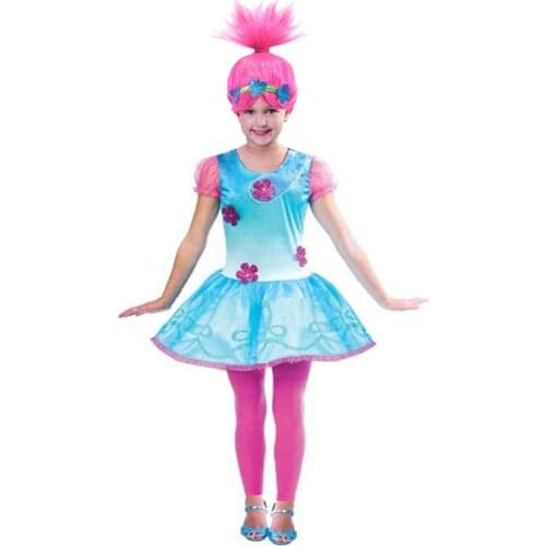 2019 Trolls Wig+dresses set for Children Costume For Girls Carnival Kids Costumes Moana Vaiana Dress Trolls Poppy Party Clothes