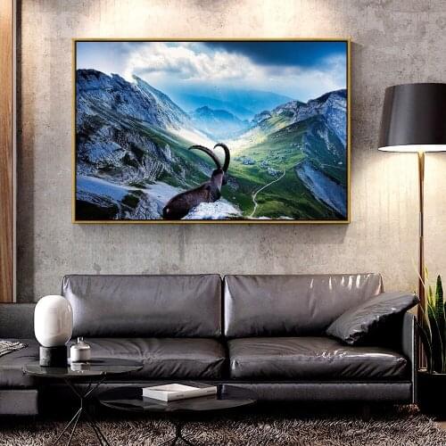 Artcozy Cow on Mountains Canvas Painting for Home Decoration Canvas Printings Spray Painting Horizontal Rectangle Animal Single