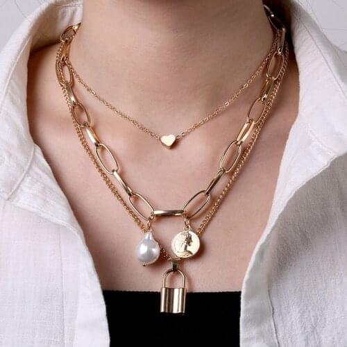 VKME Vintage Multi-layer Coin Chain Choker Necklace For Women Fashion Baroque Pearl Lock Heart Pendant Necklaces Chains Jewelry