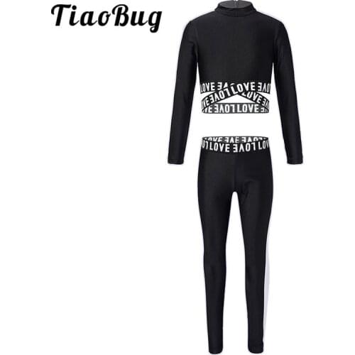 TiaoBug Kids Tracksuit Long Sleeve Letters Print Crop Top Pants Leggings Sports Sets Children Girls Ballet Gymnastics Dance Wear