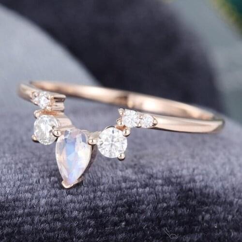 EDI Moonstone Wedding Band Curved 14k Rose Gold Lab Grown Moissanites Band Promise Anniversary Gift For Her Crown Your Ring