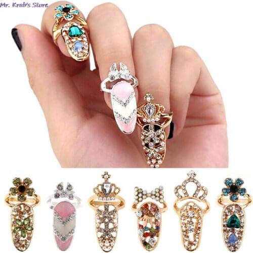 Crown Flower Crystal Finger Nail Rings For Women Lady Rhinestone Fingernail Protective Fashion Jewelry Bowknot Nail Ring Charm
