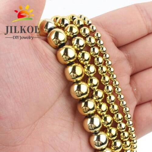 Natural Stone Gold Color Hematite Round Loose Beads 3 4 6 8 10 MM 15" Per Strand Pick Size For Jewelry Making Diy Bracelet