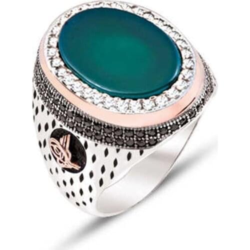 Silver Green Agate Stone Embroidered Men 'S Ring