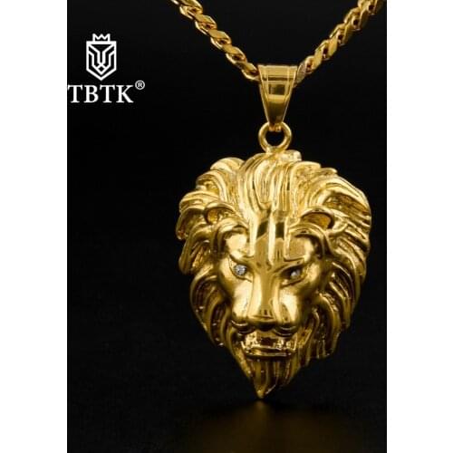 TBTK Lion King Head Pendant Gold Metal Stainless Steel Animal Shape Pendant Cuban Chain Necklace Fashion Hiphop Jewelry for Man