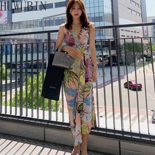 2021New Pattern Korean Version Popular Style Slim Fit V-neck Collect Waist Long Skirt Fashion Print Decor Micro Elastic Dress
