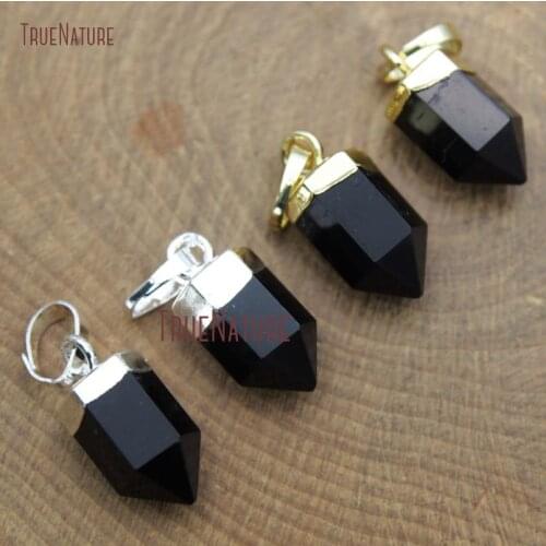 New Black Agates Gold Color Charm Tiny New Onyx Bullet Petite Point Pendants For Jewelry Making DIY In 15*7 mm PM9806