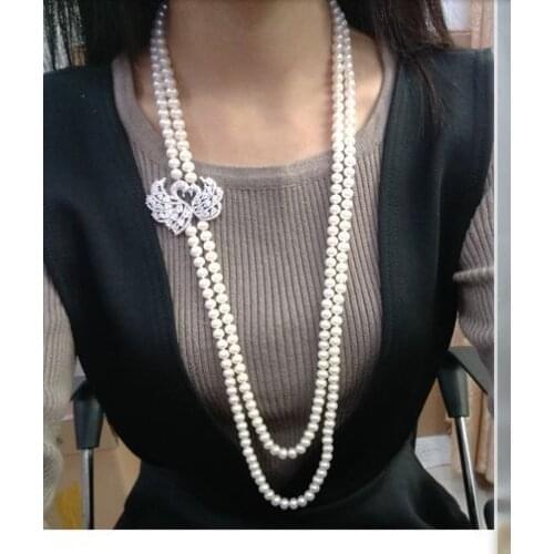Double strands 9-10mm round white pearl necklace 24"26"