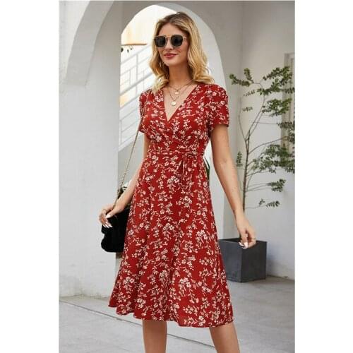 Robe Femme Summer Dress Women Bohemian Floral Print V-Neck Y2K Dresses Lace-up Midi Dress For Womens Clothing Vestido Dre Mujer