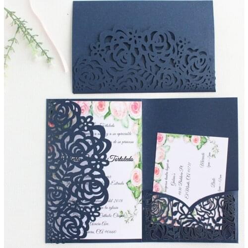 Rural invitations wedding marriage navy blue rose laser cut tri-fold pocket envelop multi colors offer customized service