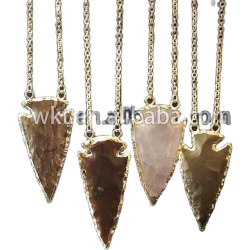 WT-N154 New Big Sideways indian raw a gate stone necklace, 24k gold trim double loops big arrowhead stone necklace in 4" inch
