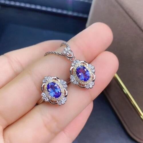 Anniversary Best Gift Natural Tanzanite jewelry set Natural Real Tanzanite 925 sterling silver 1pc pendant,1pc ring