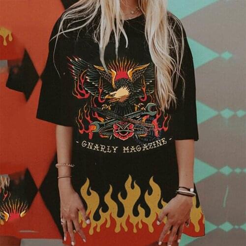 Eagle Fire Print Vintage Black Oversized T Shirt Women Short Sleeve Casual Graphic Tee Female Summer Streetwear Harajuku Shirt