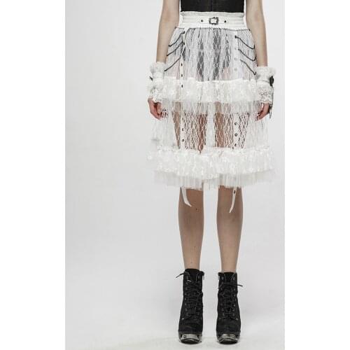 PUNK RAVE Womens Lolitas Taboo Cage Skirt Punk Ancient Pattern Buckle Decoration Lace Mesh Translucent Stage Performace Skirt