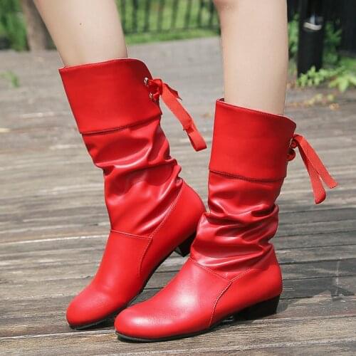 Leather Boots for Women Mid-Calf Boots Ladies Western Boot Winter Shoes Woman Plus Size 35-43 Botas Black Red White
