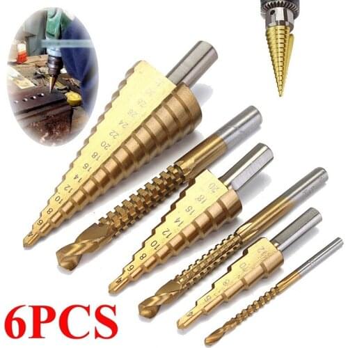 3Pcs Spiral Flute The Pagoda Shape Hole Cutter 4-12/20/32mm HSS Steel Step Sharpening +3pcs Titanium Coated HSS Drill Bit