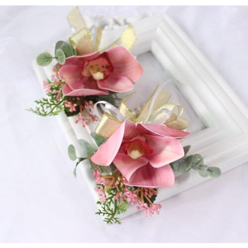 White Pink Silk Flowers Corsage Bracelet Bridesmaids Artificial Orchids Wedding Groom Boutonniere Wedding Marriage Corsage Pins