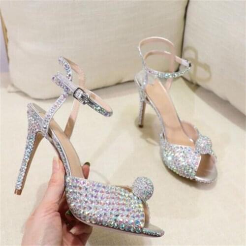 UVRCOS Bling Bling Crystal Embellished High Heel Dress Shoes Sexy Peep Toe Ankle Strap Wedding Heels Women Summer Sandals