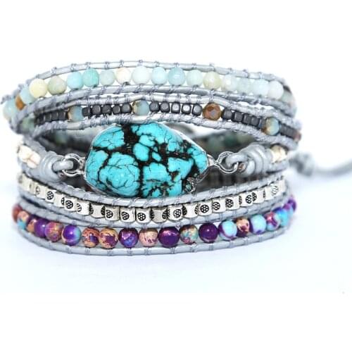 Romantic Leather Wrap Bracelets Nautural Stone Turquoise Multilayers Strand Bracelet Teengirl Women Jewelry Bijoux Dropshipping