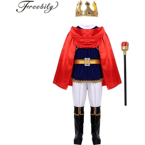 Kids Boys Medieval Prince Costume Tops with Pants Belt Cloak Scepter Shoe Covers Set Children Halloween Cosplay Party Dress Up