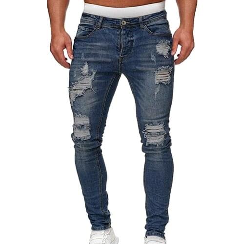 Skinny Jeans Ripped Pattern Stretchy Denim Pants For Men Men Stretchy Ripped Skinny Biker Print Jeans Destroyed Hole Taped