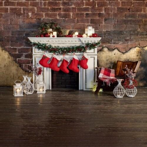 Xmas Photography Backdrop Fireplace Socks Vintage Wooden Plank Brick Wall Background Christmas Birthday Party Decor Photo Booth