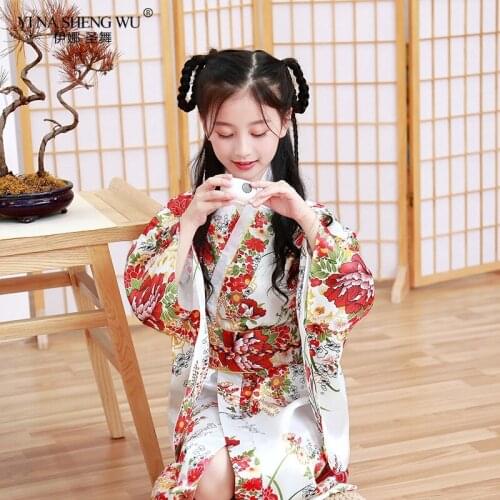 Girls Kimono Children Girls with Back Bow-Knot Japanese Costumes Kimono Dress With Obi Bathing Robe Yukata For Kids Girls Dance