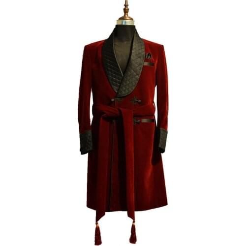 Red Long Velvet Mens Suits Double Breasted Dinner Jacket Just One Piece Burgundy Velvet Wedding Tuxedos Groomsman Coat Blazer