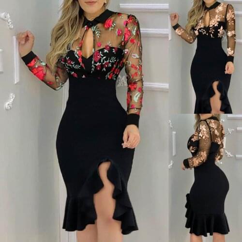 2021 New Women Elegant Dress Floral Patter Sheer Mesh Slit Bodycon Dress Femme Ruff Hem Cut Out Party Robes Vestidos #YY