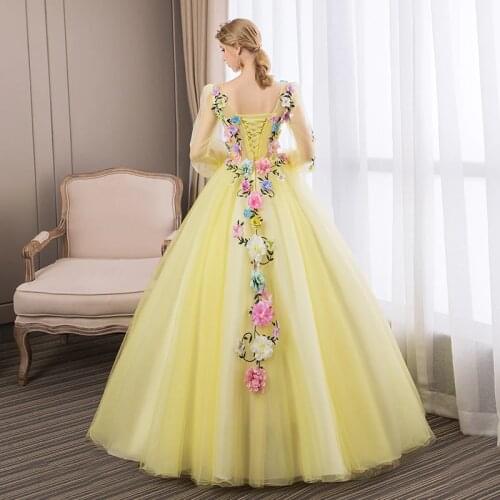100%real light yellow flower garden medieval dress Renaissance gown Sissi princess Cosplay Victorian/Marie Belle Ball