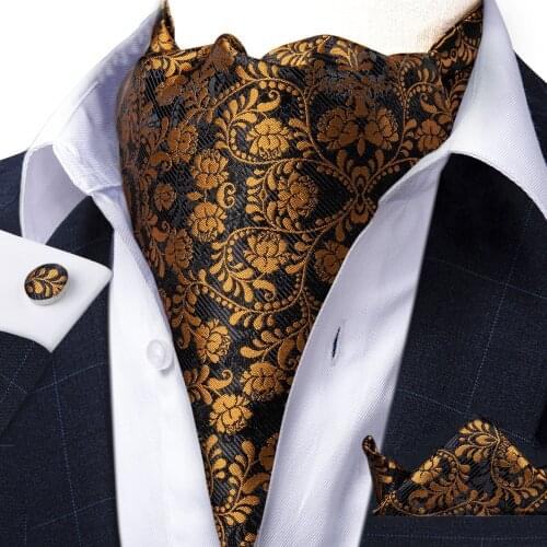 Luxury Gold Black Floral Silk Cravat Ascot Scrunch Self Tie Men Vintage Ascot Pocket Square Set For Wedding Party DiBanGu