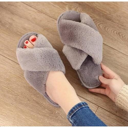 Home Shoes Women House Slippers Warm Faux Fur Ladies Cross Soft Plush Furry Female Open Toe Slides Fashion Shoes