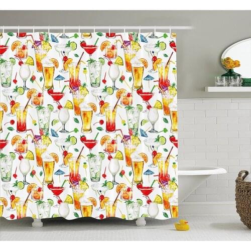 Tiki Bar Decor Shower Curtain Exotic Cocktails Summer Drinks Fresh Juicy Beverages Watercolor Collection Bathroom Curtains