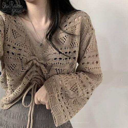 2021 Autumn Korean-Style Hollow-out Knit Women Shirts V Neck Long Sleeve Ladies Clothing Casual Loose Solid Women Blouse 10194