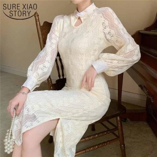 2021 Spring Elegant Lace Dress Cheongsam Split Side High Waist Long Dress for Women Slim Puff Sleeve Apricot Fashion Clothes