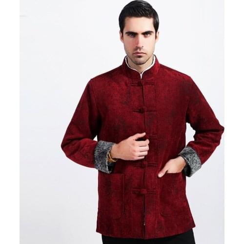 Burgundy Winter Thick Male Plus Velvet Corduroy Jacket Chinese Style Man Handmade Coat Mandarin Collar Tang Suit M L XL XXL XXXL