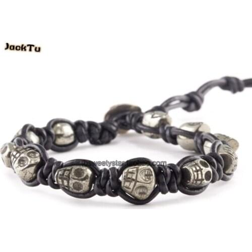 2017 adjustable pyrite skull leather wrap bracelet