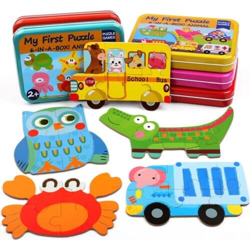 2020 Cartoon 3D Iron Box Wooden Animal/Traffic Baby Puzzles Educational Toy Wooden Puzzle Jigsaw Toy for Children Gift
