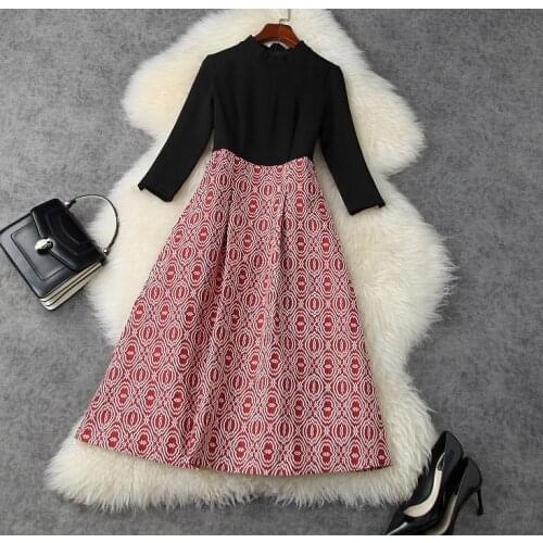 2020 autumn and winter womens new stitching jacquard fake two-piece over-the-knee a-line temperament dress